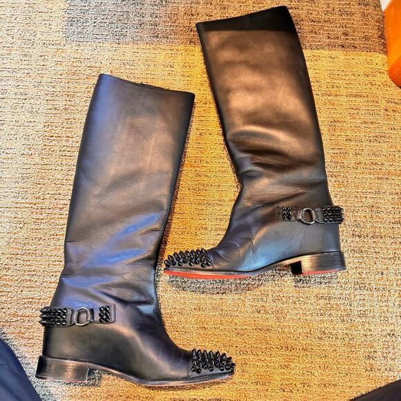 Christian Louboutin Egoutina Tall Riding Boots spiked stud black leather pull-on - Picture 4 of 15